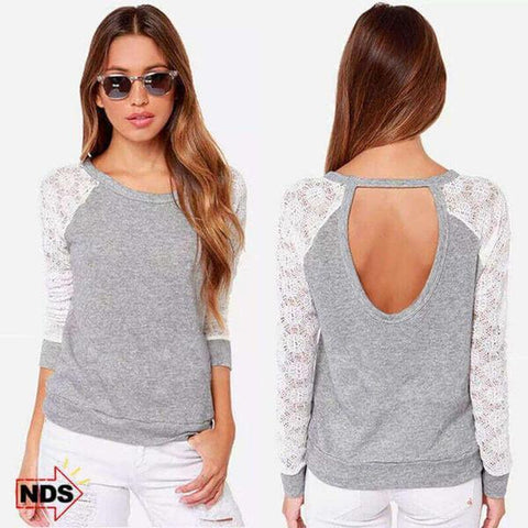 Women's Lace Sleeve Top with Cut Out Back